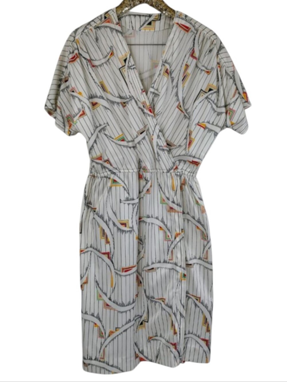 Vintage 80s Homemade Women's White Geometric Colorful Midi Dress with Belt